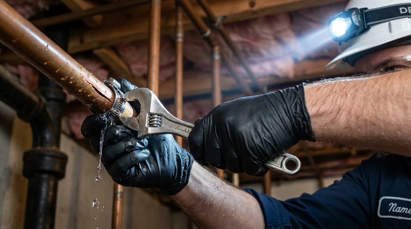Emergency pipe clamp repair being performed by a Johns Plumbing LLC plumber in Winchester