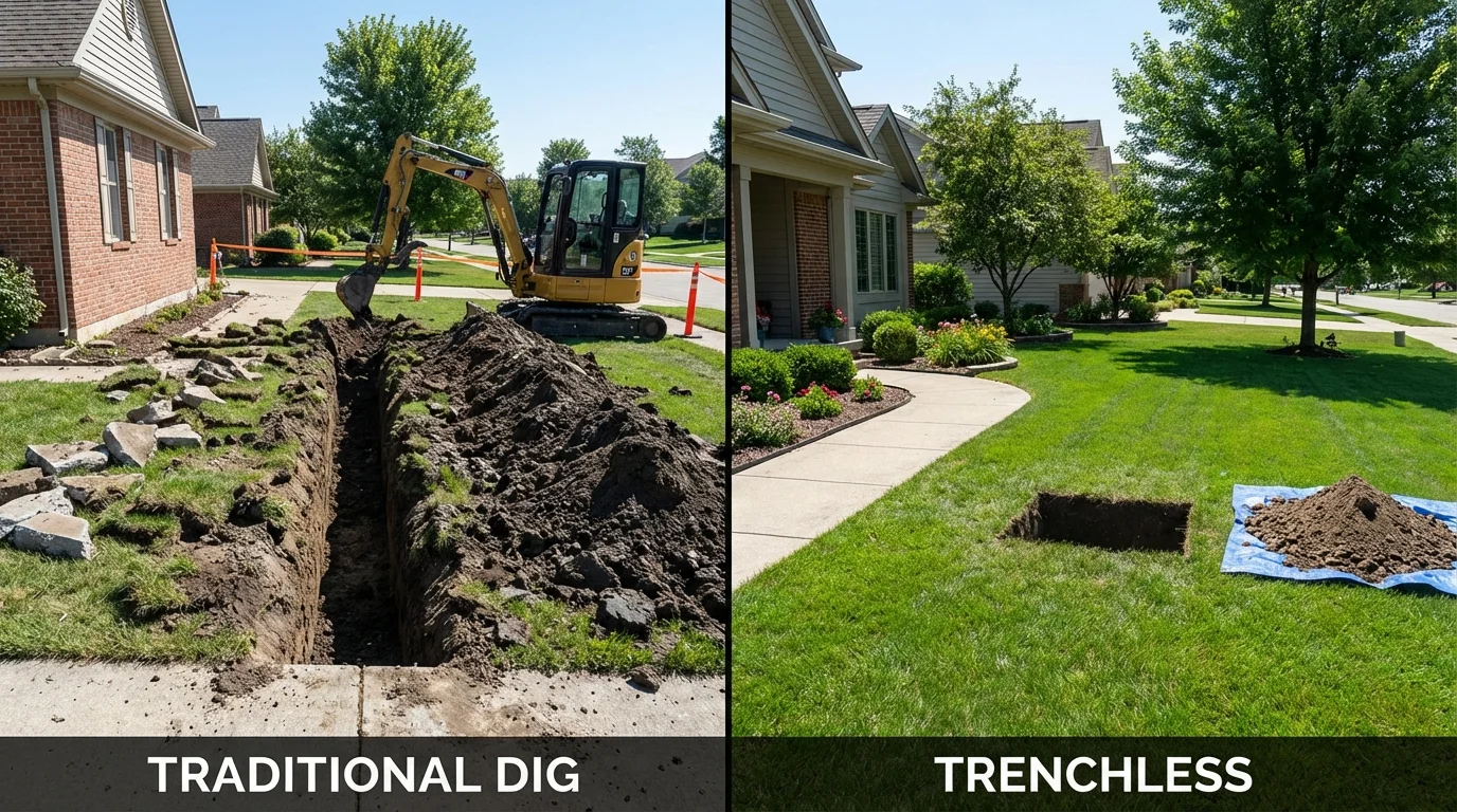 Trenchless sewer repair with minimal yard damage versus traditional excavation in Winchester, IN