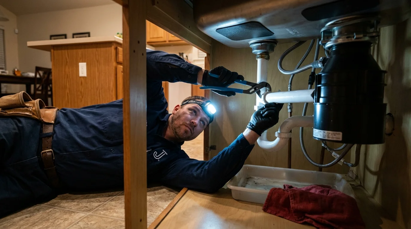 P-trap and supply line connections under a kitchen sink showing a common leak point in Winchester, IN
